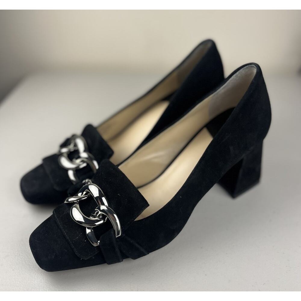 Alex Marie Women's Black Suede Chain Ornament Square Tie Block Heel Pump 8.5